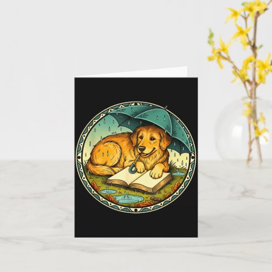 Funny Dog Reading Book Rain Cozy Umbrella Cute Art カード (黄色い花)