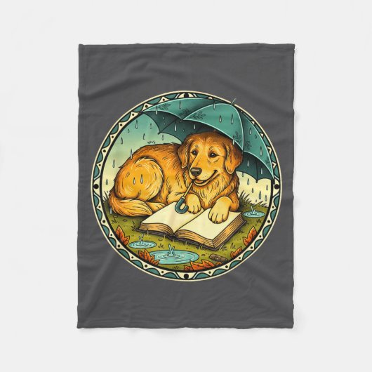 Funny Dog Reading Book Rain Cozy Umbrella Cute Art フリースブランケット (正面)