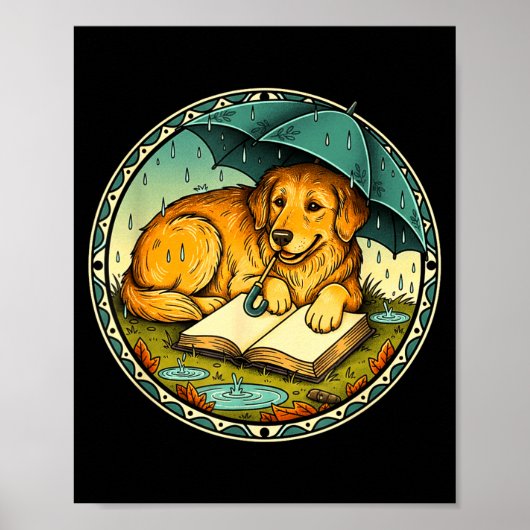 Funny Dog Reading Book Rain Cozy Umbrella Cute Art ポスター (正面)