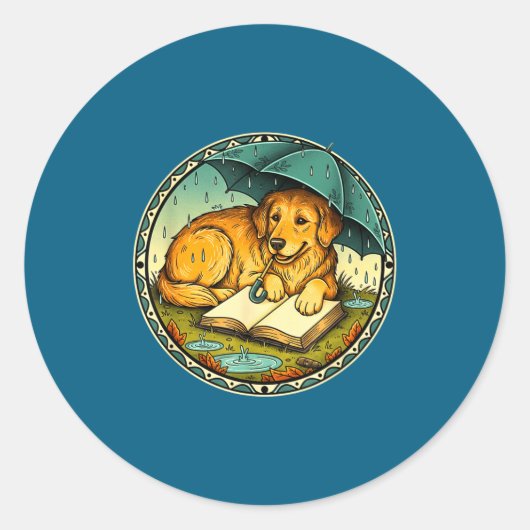 Funny Dog Reading Book Rain Cozy Umbrella Cute Art ラウンドシール (正面)