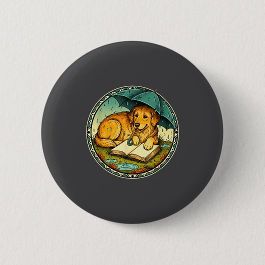 Funny Dog Reading Book Rain Cozy Umbrella Cute Art 缶バッジ (正面)