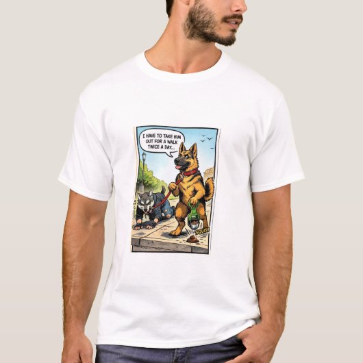 Funny Dog Walking Human Comic Graphic T-Shirt Tシャツ (正面)