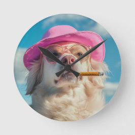 Funny Dog Wall Clock with Hat and Cigar - Quirky a ラウンド壁時計