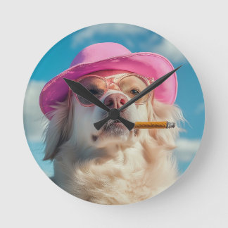 Funny Dog Wall Clock with Hat and Cigar - Quirky a ラウンド壁時計