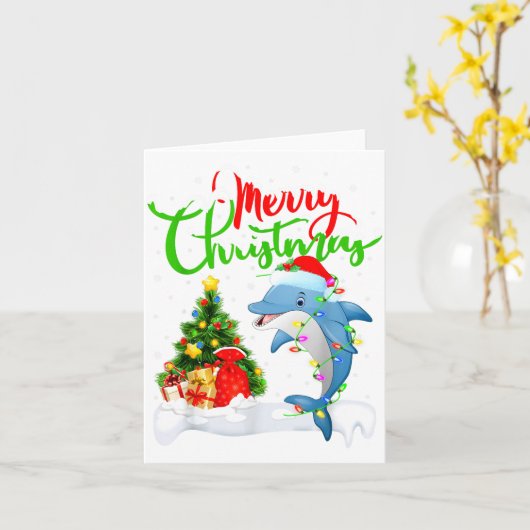 Funny Dolphin Fish Lover Xmas Lighting Dolphin Chr カード (黄色い花)