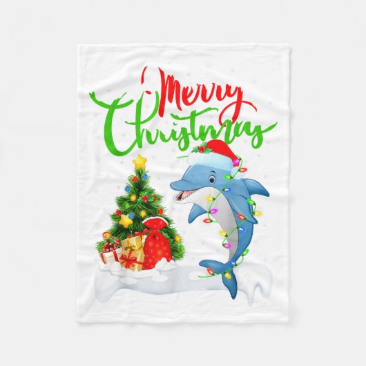 Funny Dolphin Fish Lover Xmas Lighting Dolphin Chr フリースブランケット (正面)