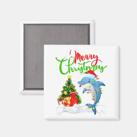 Funny Dolphin Fish Lover Xmas Lighting Dolphin Chr マグネット (正面/裏面)