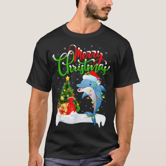 Funny Dolphin Fish Lover Xmas Lighting Dolphin Chr Tシャツ (正面)