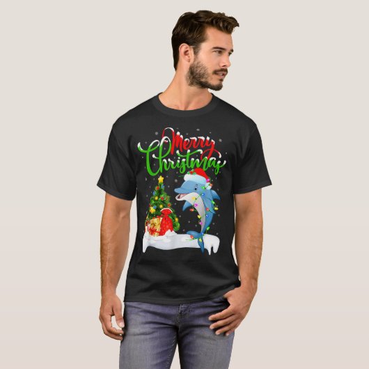 Funny Dolphin Fish Lover Xmas Lighting Dolphin Chr Tシャツ (正面フル)