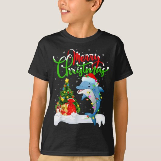 Funny Dolphin Fish Lover Xmas Lighting Dolphin Chr Tシャツ (正面)