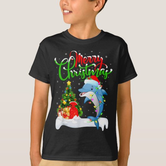 Funny Dolphin Fish Lover Xmas Lighting Dolphin Chr Tシャツ (正面)