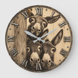 Funny Donkey Trio Rustic Farm Animal Vintage Barn ラージ壁時計