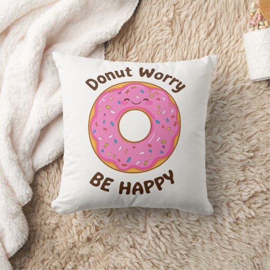 Funny "Donut Worry Be Happy" Pun クッション (ブランケット)