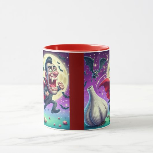 Funny Dracula Mug – Vampire Running from garlic マグカップ (中央)