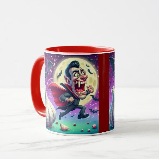 Funny Dracula Mug – Vampire Running from garlic マグカップ (正面左)
