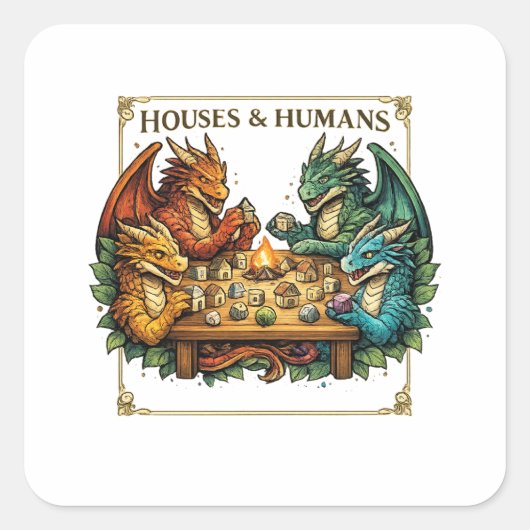 Funny Dragon Houses and Humans Fantasy Art スクエアシール (正面)