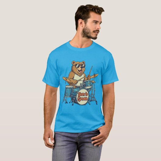 Funny Drummer Bear Born To Groove Tシャツ (正面フル)