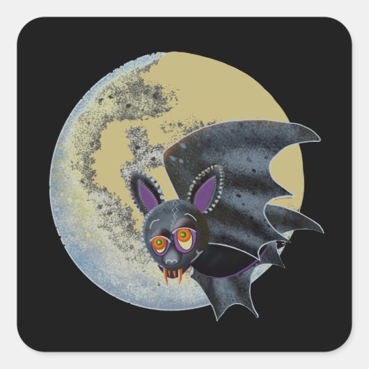 Funny Drunk Halloween Full Moon Bat スクエアシール (正面)