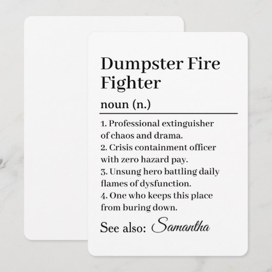 Funny Dumpster Fire Fighter Definition Card 招待状 (正面/裏面)