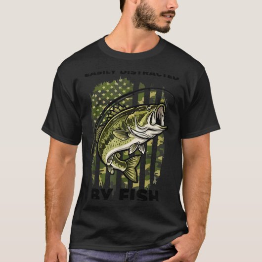 Funny Easily Distracted By Camo B Fish American Fl Tシャツ (正面)