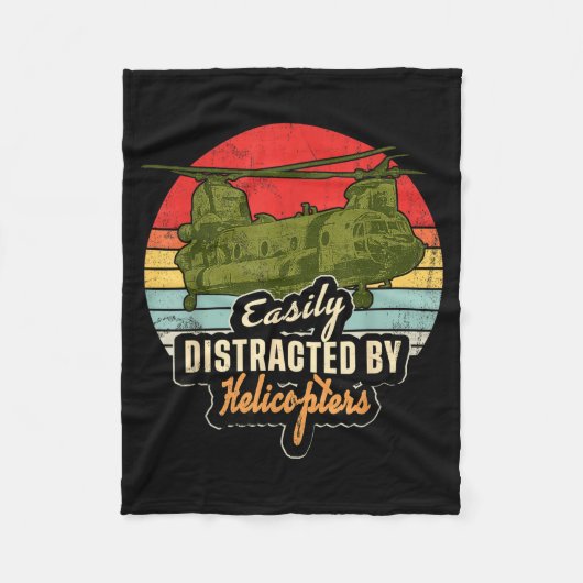 Funny Easily Distracted By Chinook Helicopter Retr フリースブランケット (正面)