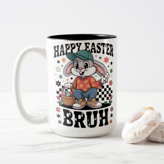 Funny Easter Bunny Bruh | Cool Rabbit With Sunglas ツートーンマグカップ (ドーナツ)