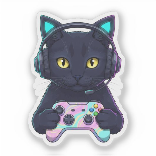 Funny Easter Cat Gamer Egg Controller Gaming  シール (正面)