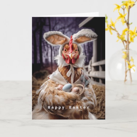 Funny Easter Chicken Bunny Costume カード (黄色い花)