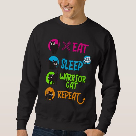 Funny Eat Sleep Warrior Cat Repeat Cool Cat Design スウェットシャツ (正面)