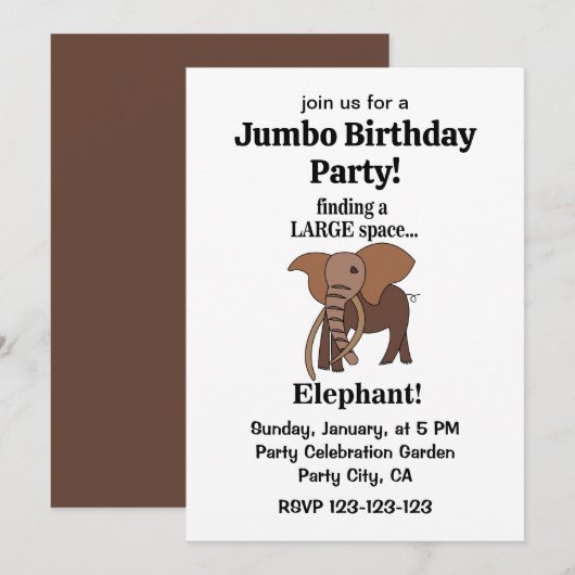 Funny Elephant Jumbo Birthday Party 招待状 (正面/裏面)