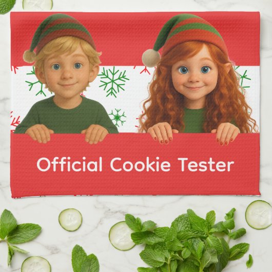 Funny Elf Faces | Official Cookie Tester Christmas キッチンタオル (折り畳み)