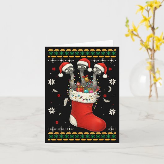 Funny Emu Bird In Xmas Socks Lights Christmas カード (黄色い花)