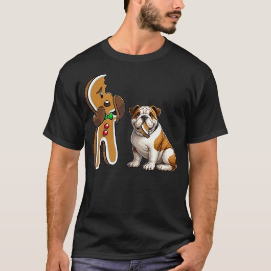 Funny English Bulldog Dog Biting Gingerbread Merry Tシャツ (正面)