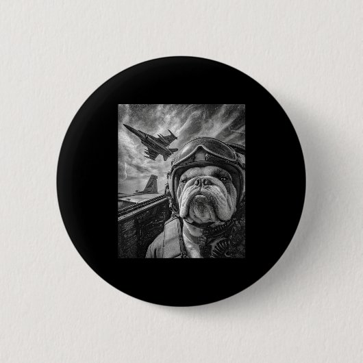 Funny English Bulldog Selfie Fighter Jet Lot Aviat 缶バッジ (正面)