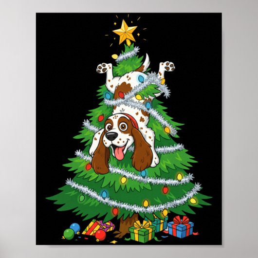 Funny English Springer Spaniel Dog Christmas Tree ポスター (正面)
