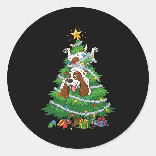 Funny English Springer Spaniel Dog Christmas Tree ラウンドシール (正面)
