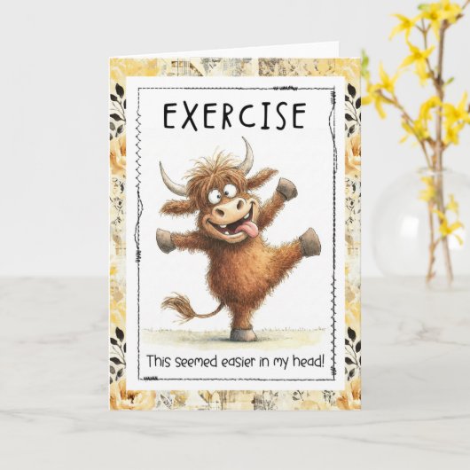 Funny Exercise Highland Cow Greeting Card カード (黄色い花)