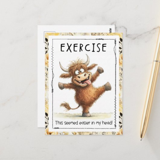 Funny Exercise Highland Cow Postcard ポストカード (正面/裏面インサイチュ)