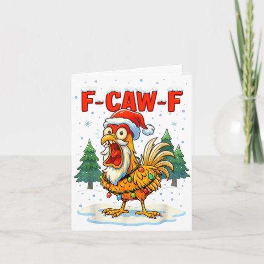 Funny F-caw-f Christmas Chicken Xmas Lights Santa カード (正面)