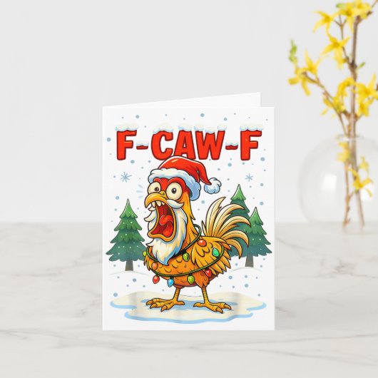 Funny F-caw-f Christmas Chicken Xmas Lights Santa  カード (黄色い花)
