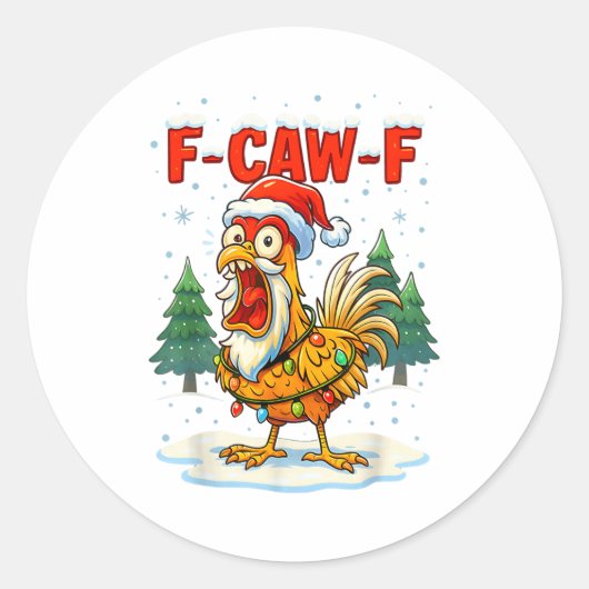 Funny F-caw-f Christmas Chicken Xmas Lights Santa  ラウンドシール (正面)