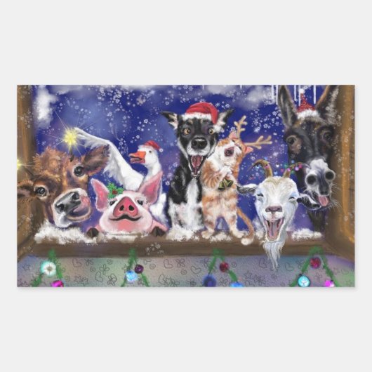 Funny Farm Animal Christmas Gift Stickers 長方形シール (正面)