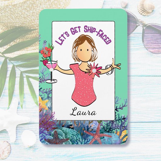 Funny Female Cartoon Tropical Vacation Cruise マグネット