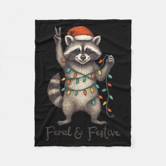 Funny Feral And Festive Raccoon Santa Hat Retro Ch フリースブランケット (正面)