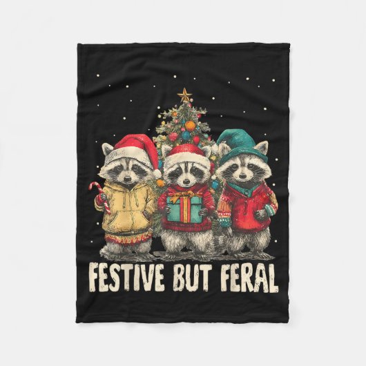 Funny Feral But Festive Christmas Raccoons Xmas Ho フリースブランケット (正面)