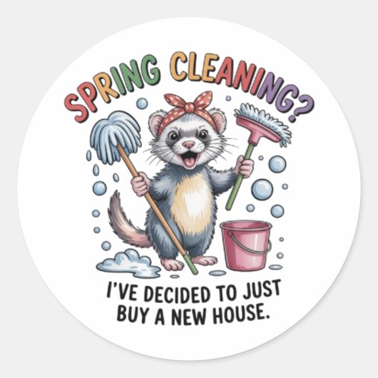 Funny Ferret Spring Cleaning Vinyl Sticker ラウンドシール (正面)
