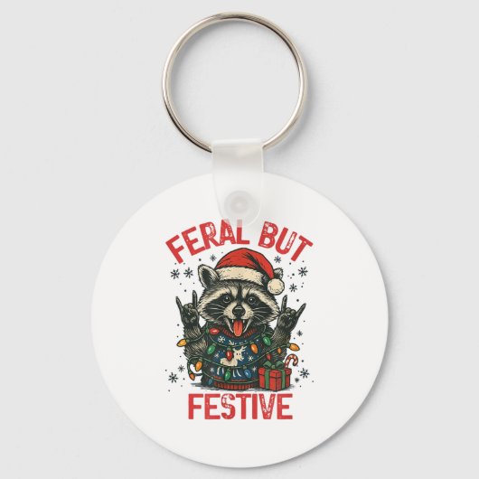Funny Festive But Feral Santa Raccoon Lover Animal キーホルダー (正面)