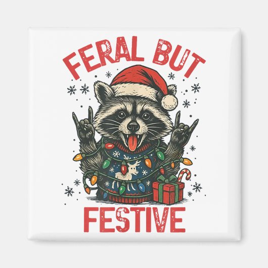 Funny Festive But Feral Santa Raccoon Lover Animal マグネット (正面)