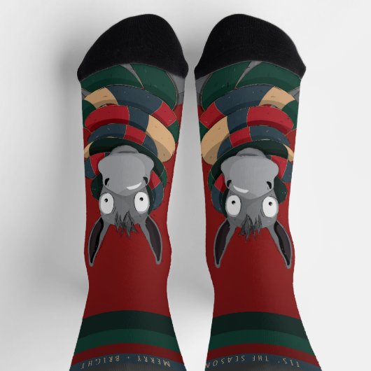Funny Festive Fun Winter Donkey Cartoon Red ソックス (上部)