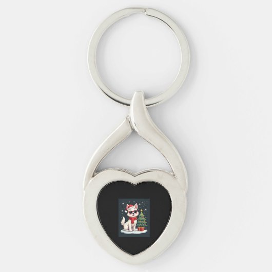 Funny Festive Sunglasses Dog with Christmas Tree C キーホルダー (正面)